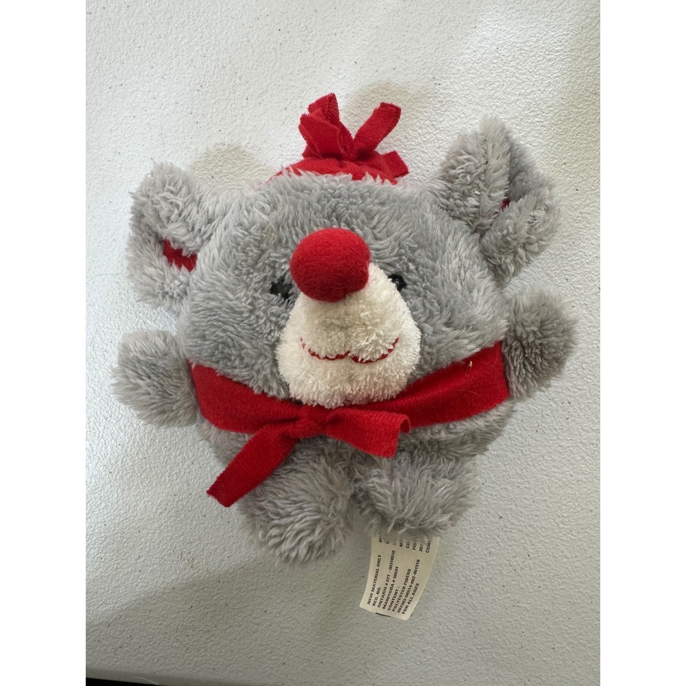 VTG Plush Gray Mouse Christmas Holiday Stuffed Animal Red Scarf Hat